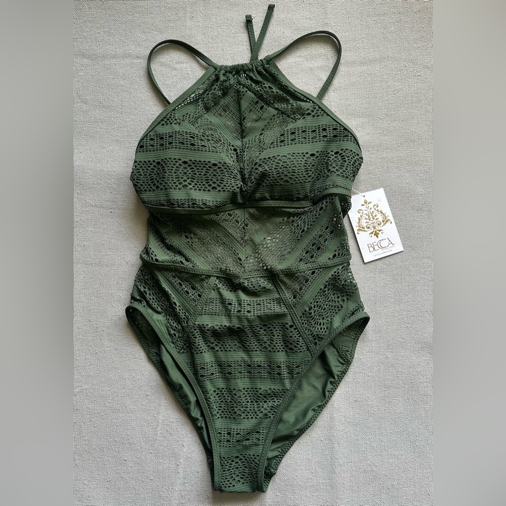 BECCA by Rebecca Virtue Women's Color Play Crochet High Neck One Piece Swimsuit - Picture 3 of 7
